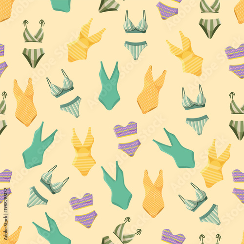 Seamless pattern of colorful swimwear flat vector illustration, assorted bikinis and one piece swimsuits on white background, summer beach fashion textile design