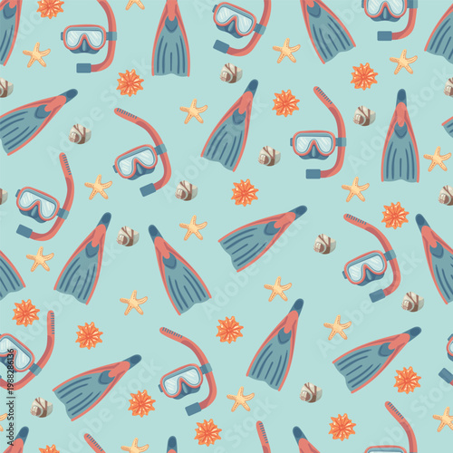 Seamless pattern snorkeling with mask fins and seashells vector illustration, summer beach underwater theme repeating background for textile and wallpaper design