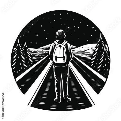 Hiker illustration, backpacker silhouette, nighttime adventure, road to mountains, black and white vector