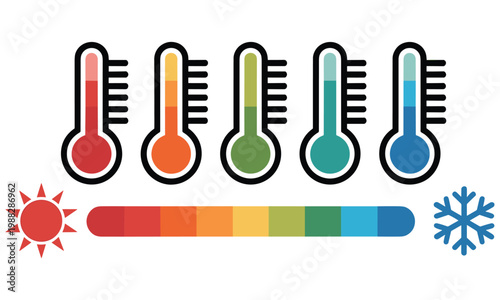 Gradient thermometer scale with weather icons representing climate change and temperature variations from hot to cold in flat vector illustration