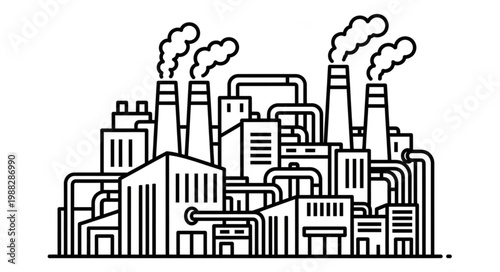 Industrial factory complex with smoking chimneys and pipes.