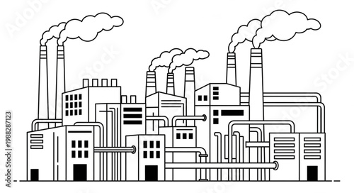 Industrial factory complex with smoke stacks emitting pollution.