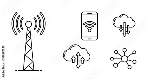 Set of icons representing wireless communication and network technology.