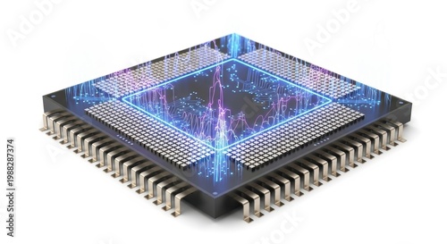 A computer chip with a blue and purple light on it, isolated on white background, representing technology and innovation in electronics