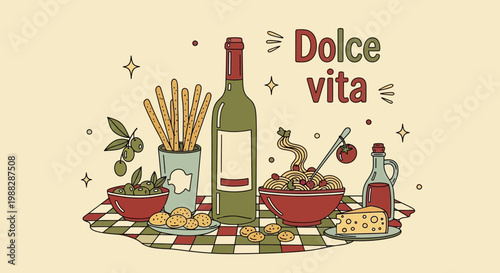 Dolce Vita Italian Food Feast: Pasta, Wine, Cheese, Olives, Breadsticks