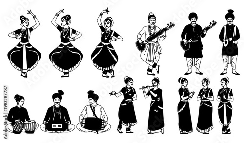 Indian dancers musicians vector set traditional cultural performance art