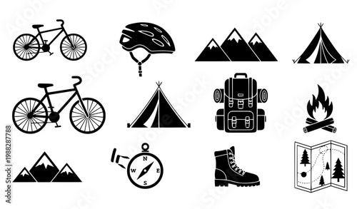 Outdoor cycling icon vector set black adventure hiking camping design