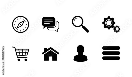 8 black flat UI icons vector set minimal web interface design