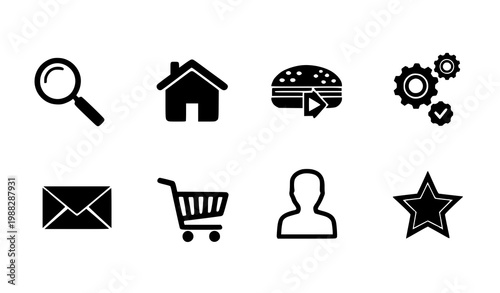 Black flat UI icon pack vector 8 minimal interface symbols set