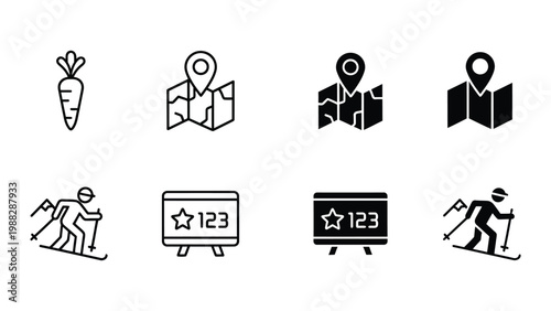 Collection of icons representing outdoor activities, maps, and landmarks