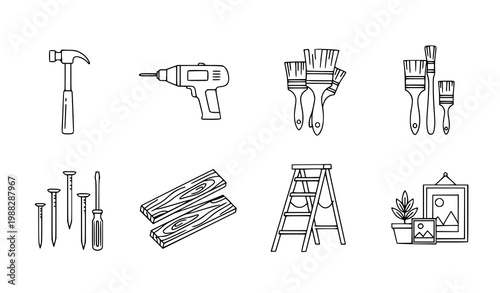 Construction tools line art vector set hammer drill paintbrush DIY icons