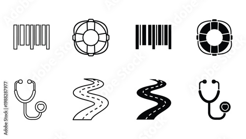 Contrasting icons of medical, safety, and directional symbols in black and white