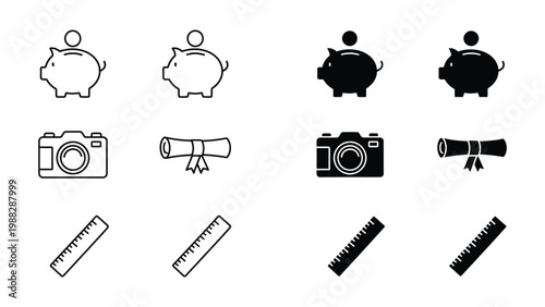 Variations of icons depicting savings, education, and measurement tools in different styles