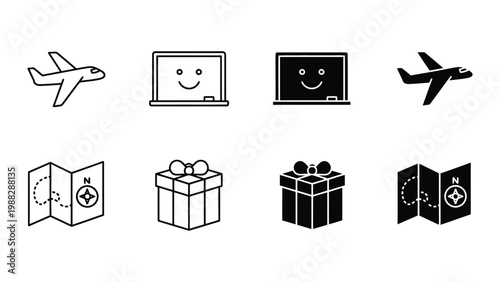 Contrast of modern travel and technology icons with their stylized counterparts