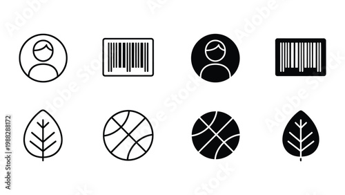Contrast icons depicting user profiles, barcodes, basketballs, and leaves in light and dark versions