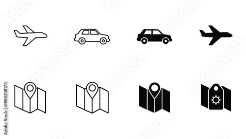 Icons representing various modes of transportation and travel-related symbols