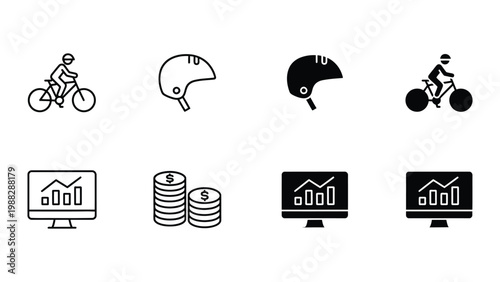 Icons representing cycling safety, financial growth, and data analysis.