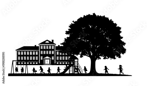 School playground silhouette vector education children tree illustration