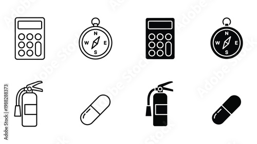 Contrasting icons of calculators, compasses, fire extinguishers, and pills in light and dark designs