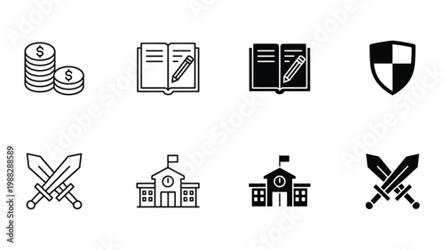 Eight icons representing education, finance, and academic institutions