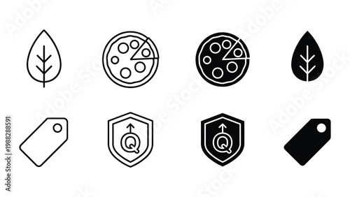 Contrasting icon pairs featuring leaves, pizzas, tags, and shields with quality symbols