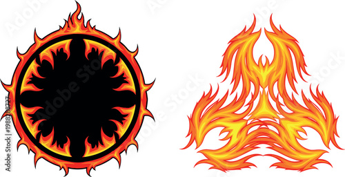 Cartoon Intricate Flame Designs in Circular and Triangular Patterns for Fire, Energy, and Artistic Graphic Themes