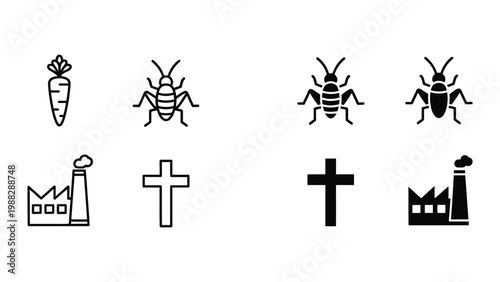 Contrast of nature, industry, and religious symbols through simple icons