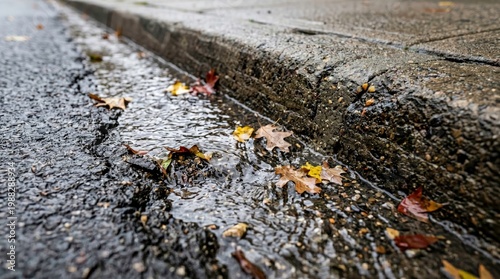 Rainwater Flowing Along a Curb with Fallen Leaves