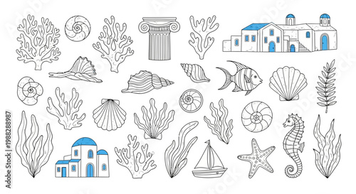 Nautical Elements Collection: Seashells, Coral, Seahorse, Fish, Boat, Greek Houses, Column