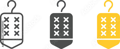 Minimal hanging air freshener icon set with ventilation holes in line art solid and yellow vector flat design