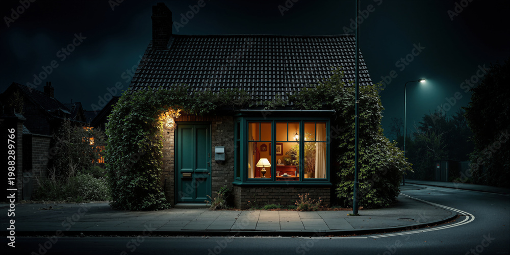 Obraz premium Serene suburban evening ambiance. Peaceful neighborhood scene with warm lighting and fog