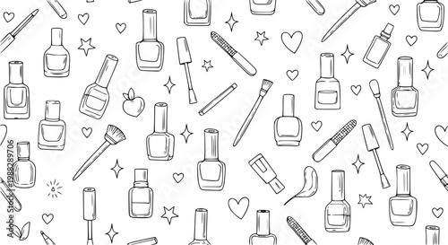 Beauty doodle seamless pattern nail polish sketch outline cosmetic vector background feminine design