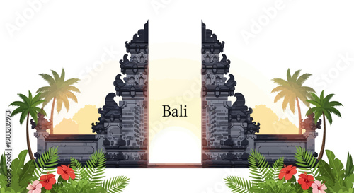 Bali Temple Gate Entrance With Palm Trees And Tropical Flowers