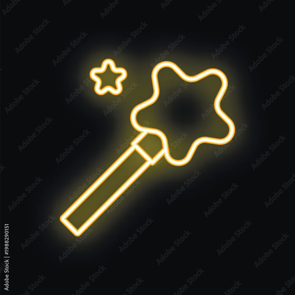 Fototapeta premium Yellow neon magic wand creating shining stars, a magical design glowing on a dark wall