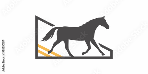 A black silhouette of a horse within a geometric frame design