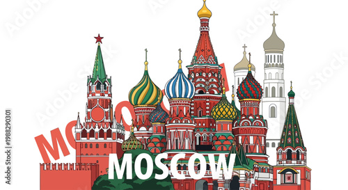 Moscow Kremlin And St. Basil's Cathedral Landmark Scene With Text