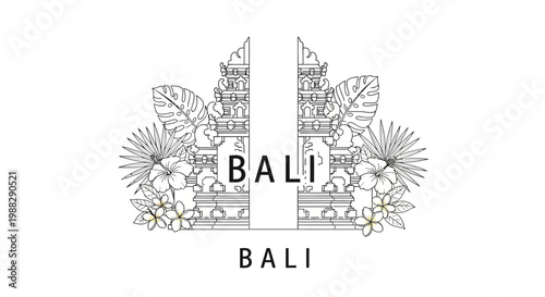 Bali Gateway with Tropical Leaves and Flowers