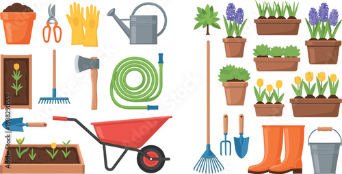 Garden Vector Icon Set with Wheelbarrow, Hose, Axe, Rake, Trowel, Boots, Bucket, Tulip, Hyacinth, and Flower Pot Elements