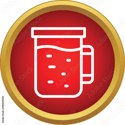 Beer mug filled with beverage enclosed in a red circle with gold outline