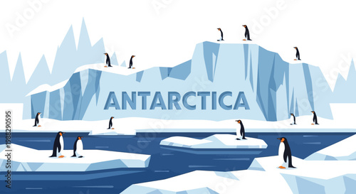 Antarctica Icebergs With Penguins And The Word Antarctica