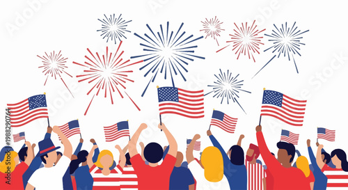 Crowd Celebrating With American Flags and Fireworks - Patriotic Event