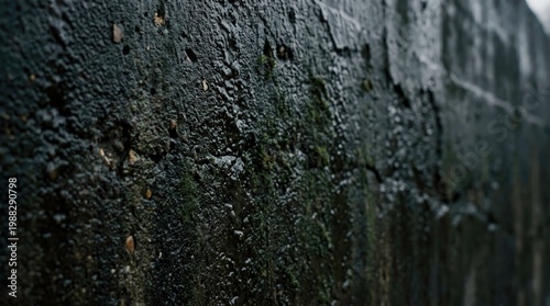 Close-Up of a Textured Dark Wall with Water Stains and Moss