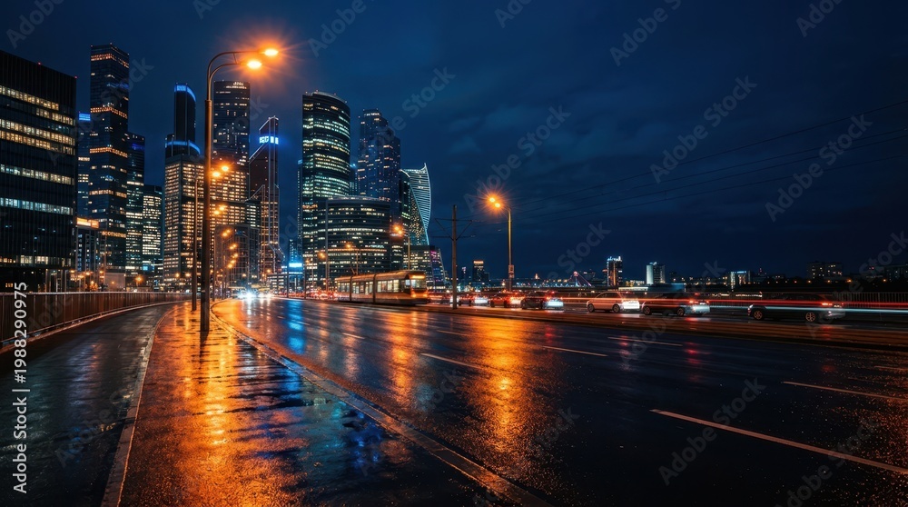 Fototapeta premium Modern city skyline at night with wet streets reflecting colorful lights