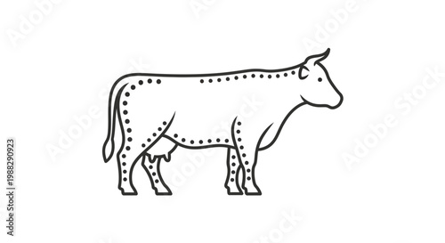 Black and white cow illustration standing.
