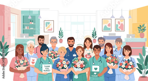 Diverse Healthcare Team Celebrates Appreciation with Flower Bouquets