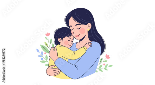Mother Embracing Sleeping Child with Floral Elements