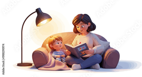 Mother Reading a Book to Child on Sofa Under Lamp