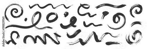 Black brush stroke lines and swirls on white background.