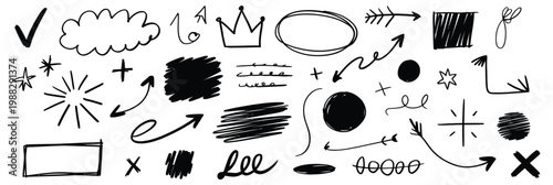 Black hand drawn doodles arrows check marks lines and shapes collection.
