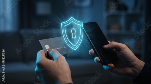 Hands holding credit card and smartphone with glowing blue shield and key icon for secure online payment